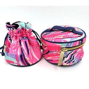 Lilly Pulitzer Pouch Drawstring & Zipper Makeup Bag Dragonfruit Oh My Guava 2 pc